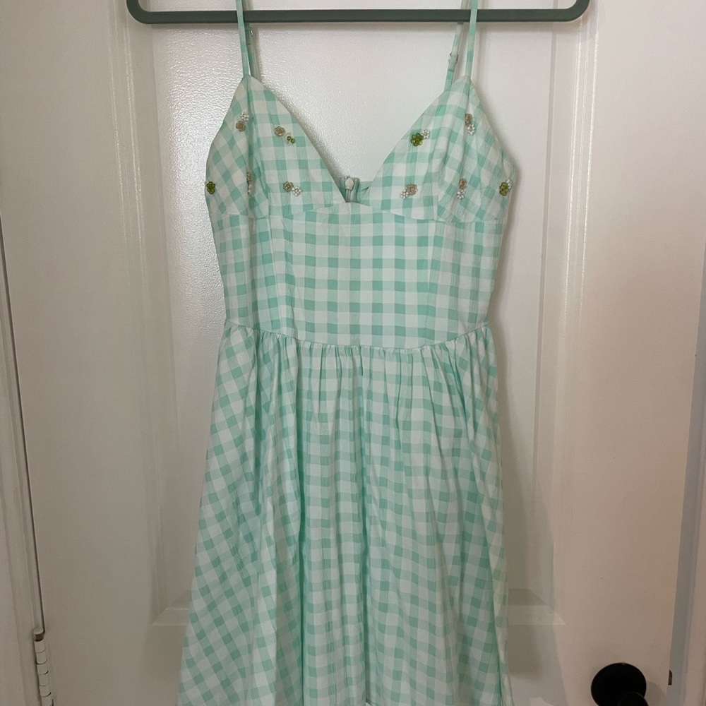 Mint Green Checkered Dress with embroidered beaded flowers